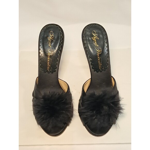 Agent Provocateur Size 38 Elice Mules Satin 4.5" Stiletto Heels Feathers Black - Picture 2 of 10